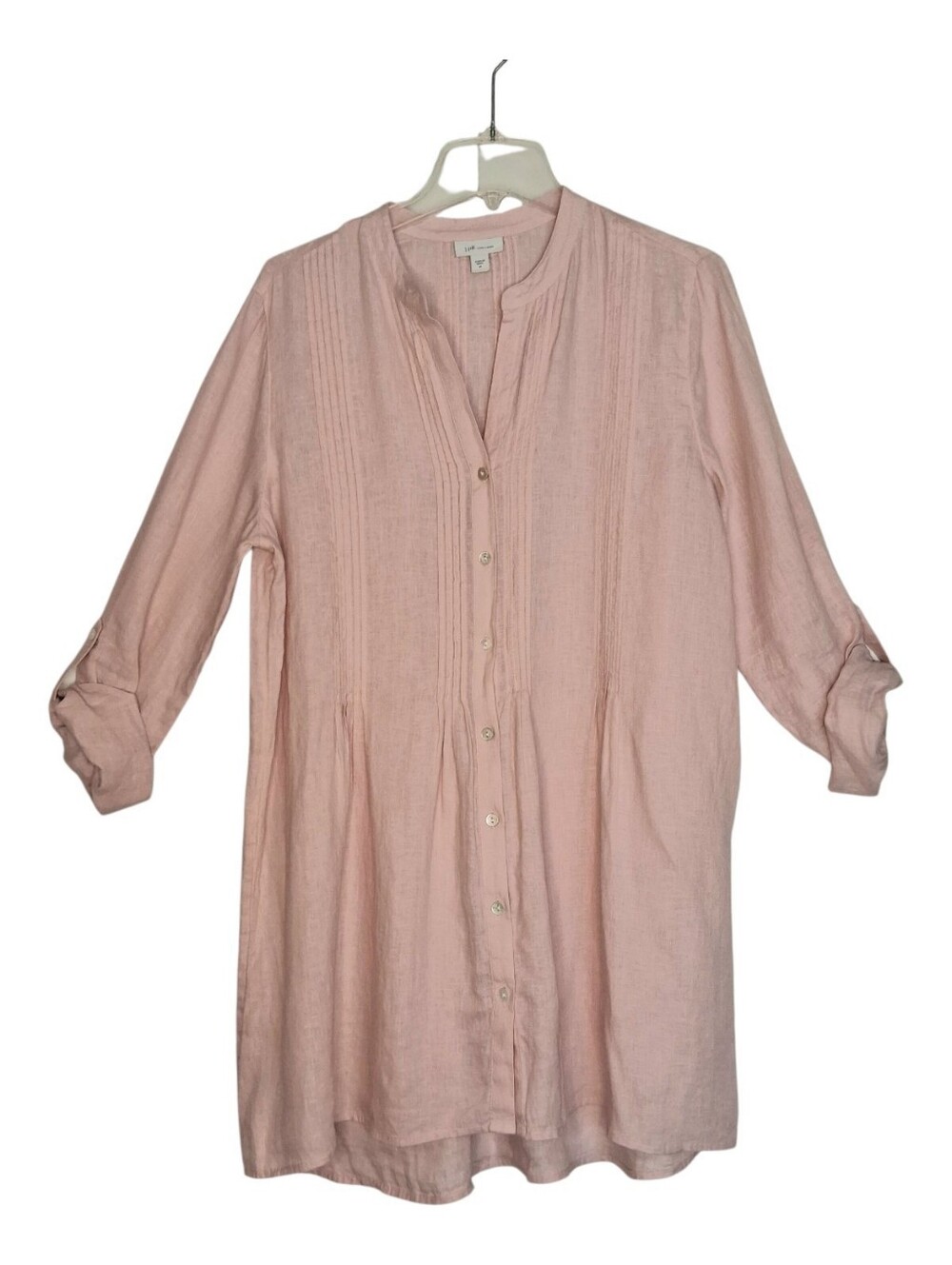 J. Jill Love Linen Pintuck Button Down Roll Tab Tunic Top Sz Med Soft Pink